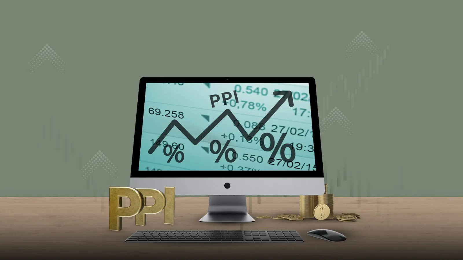 اسعار المنتجين ppi على شاشة حاسوب مع سهم مرتفع ومنخفض